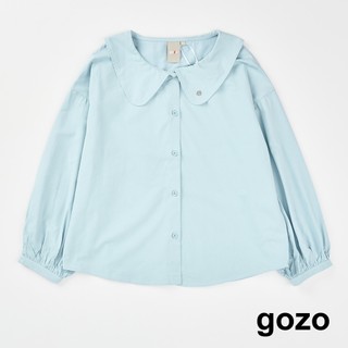 【gozo】➤金屬標袖口抓皺長袖襯衫(淺藍 F) | 女裝 圓領 休閒
