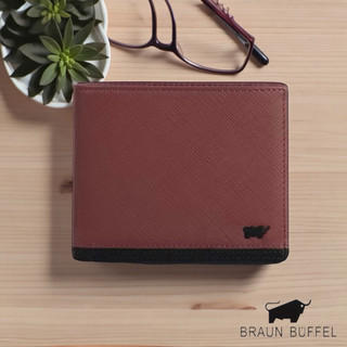 *【寧寧精品】台中35年皮件店 BRAUN BUFFEL市政廳德國小金牛男短夾 酒紅色 BF388-313 超薄型男短夾