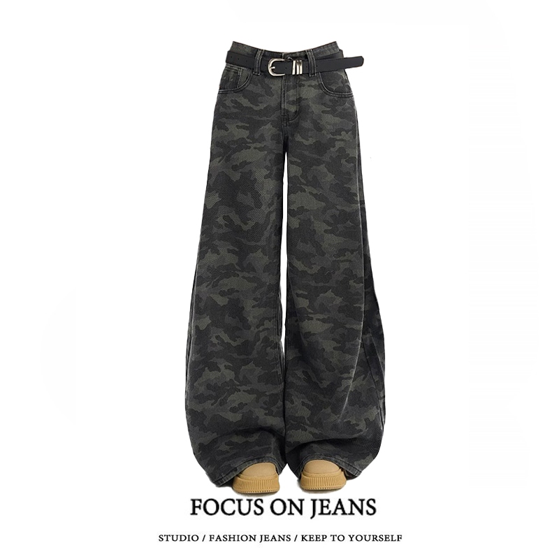 大碼胖mm美式高街復古迷彩百搭辣妹 小眾闊腿工裝牛仔褲子新款高腰寬松顯瘦直筒拖地休閒闊腿褲潮