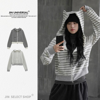 【JIN】現貨 🇰🇷韓國 Cat Ear JK 貓耳 條紋 雙拉鍊 連帽外套 薄款夏天遮陽