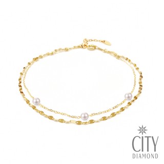 【City Diamond 引雅】『獵戶座』18K日本AKOYA珍珠5.5mm雙層不對稱黃K金手鍊(東京Yuki系列)