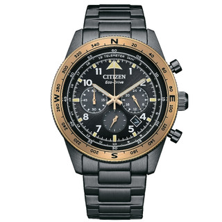 CITIZEN星辰錶 黑麵玫瑰金框 光動能碼表計時 黑色不鏽鋼男錶 43mm CA4556-89E 全球保固3年