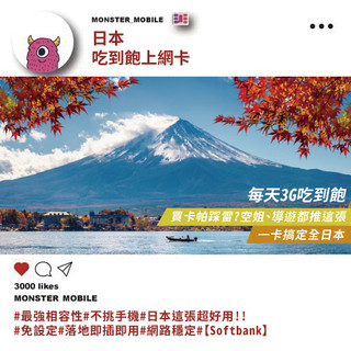 《小怪物通訊行》最新最火 獨家唯一 實際測試超順 日本 北海道 九州 沖繩 4G 喫到飽 網絡卡 SIM卡 (3G)