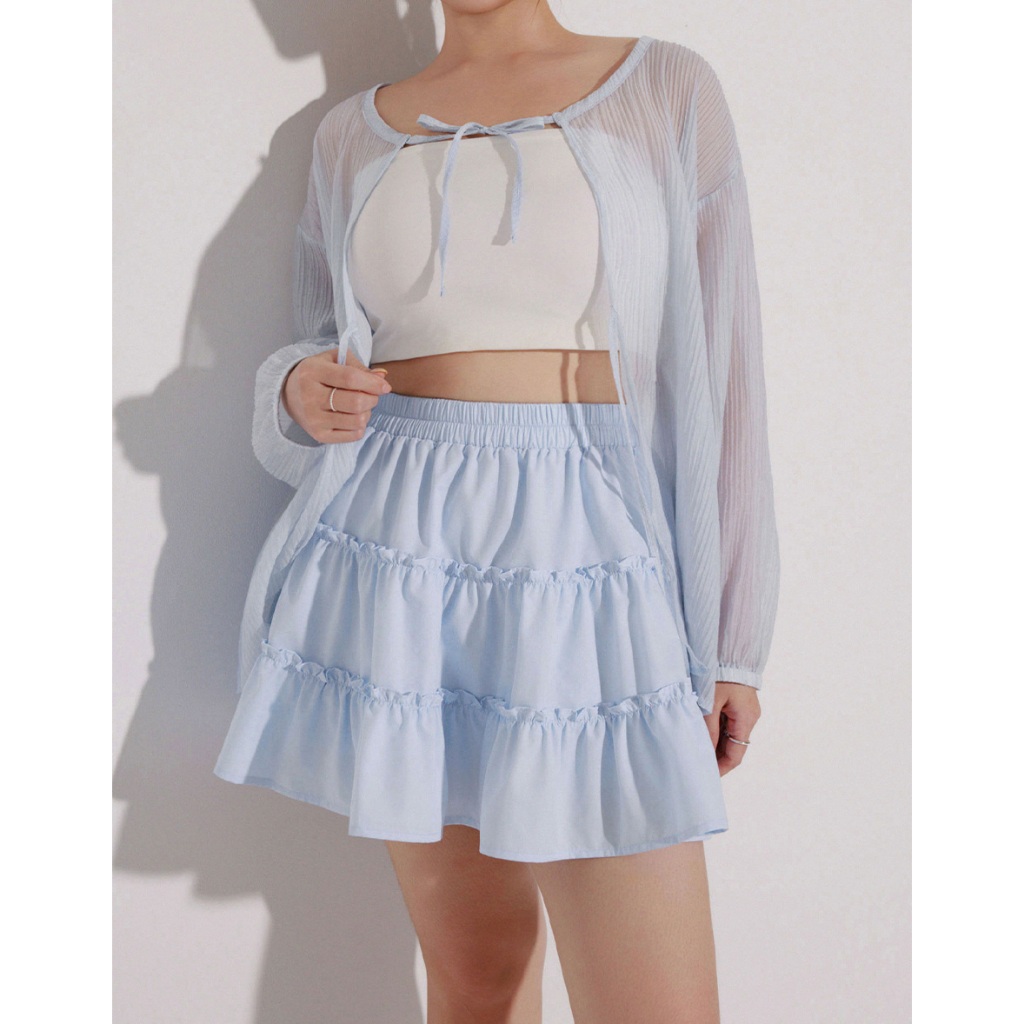 AIR SPACE PLUS 荷葉邊鬆緊蛋糕短裙(白/淺藍) 女裝 現貨 大尺碼 中大尺碼 棉花糖女孩