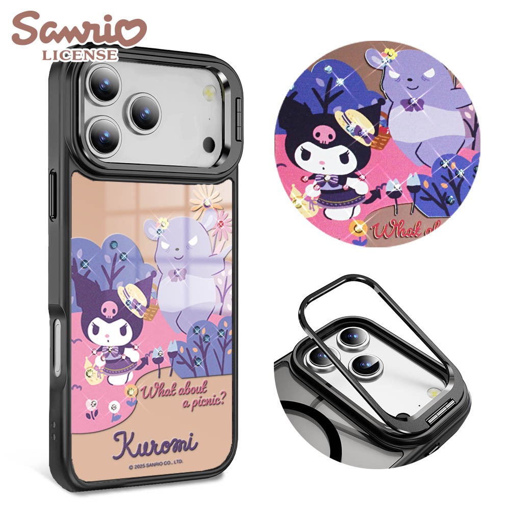 三麗鷗iPhone17/16/15/14/13/S25/S24/S23軍規防摔合金框隱形立架鏡面彩鑽手機殼-野餐酷洛米D