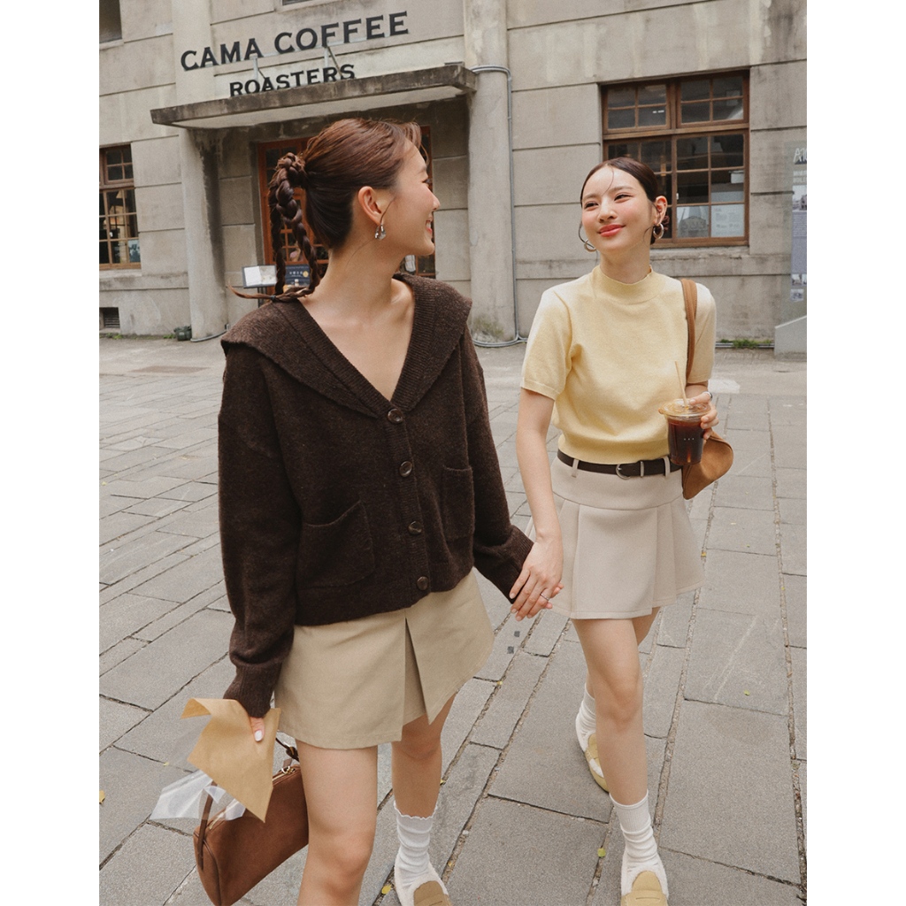 AIR SPACE LADY 【Ling Cheng聯名】水手領雙口袋寬版針織外套(咖啡/淺灰) 女裝 現貨