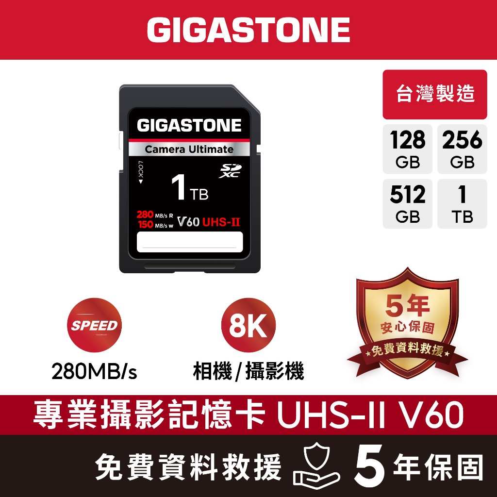 【GIGASTONE】8K攝影記憶卡SD V60 1TB/512G/256G/128G｜台灣製造/相機/攝影機/SD大卡