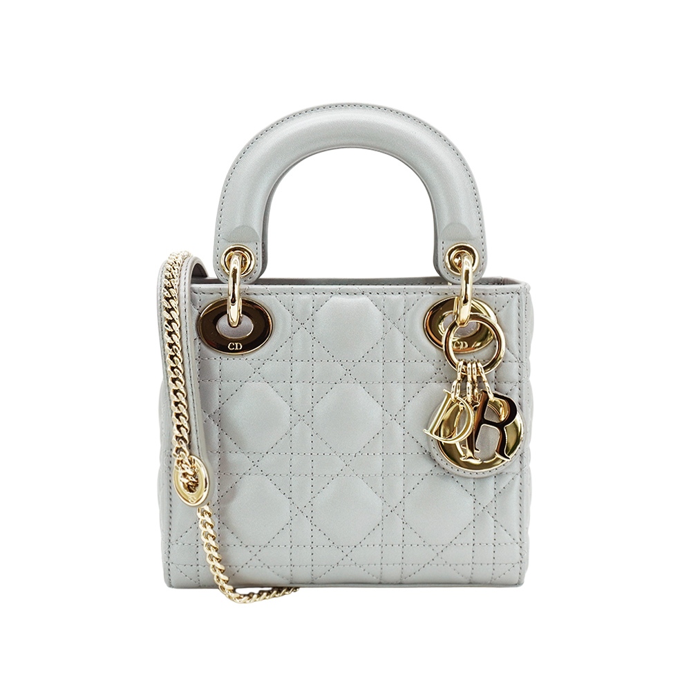 Dior 展示品 Lady Dior 籐格紋羊皮兩用黛妃包-Mini(灰)