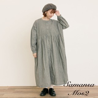 Samansa Mos2 棉麻/牛仔直紋褶襉排釦圓領連身洋裝(0F001230410)