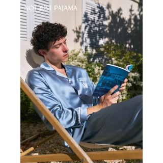 Not Just Pajama Bubu小羊22姆米真絲拼接絨邊男士長袖睡衣套裝/情侶款睡衣/長款睡衣套裝100%桑蠶絲