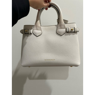 Burberry牛皮拼接帆布格紋手提斜背兩用包 氣質白 小款