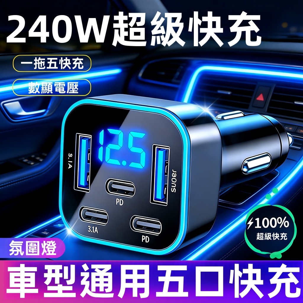 熱賣推薦 安卓 平果 16/17都可用 五口車充USB+Type-C 240W超級快充 車用閃充充電器 車用電源供應器