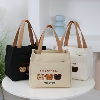 新款加厚刺繡帆布手提包 簡約大容量帆布包 通勤上班族學生飯盒 媽咪上班便當包 單肩包