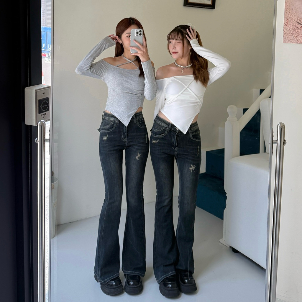 fannie·夢中情褲💘絕美藍灰彈力刷破喇叭褲(2色/S-XL)另有短褲版!!!!