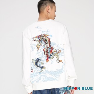 BLUE WAY 日本藍 - 男款 金標招福鯉長TEE(白)