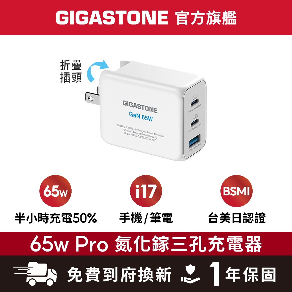 【GIGASTONE】65W PRO GaN氮化鎵充電器｜iPhone17三星手機/Mac筆電/Type-C PD快充頭