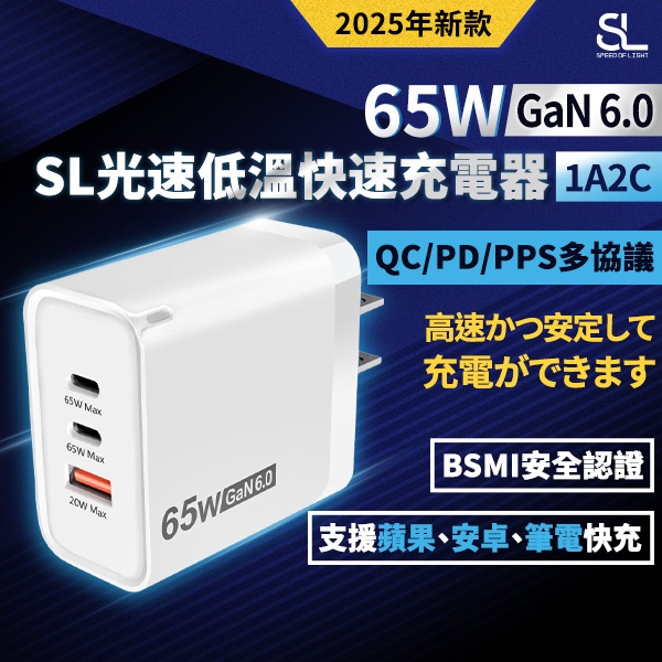SL光速GaN6.0 65W低溫快速充電器(1A2C) 蘋果/三星 PD快充 氮化鎵充電頭豆腐頭 S26 Ultra首選
