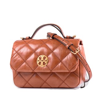 TORY BURCH WILLA 金色LOGO菱格紋手提/斜背二用包-油蠟棕/迷你【美國正品現貨】