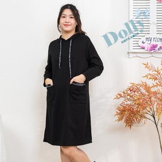Dolly多莉大碼專賣店 台灣現貨 大尺碼口袋連帽棉質長袖洋裝(黑色)205