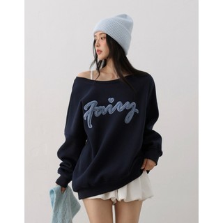 AIR SPACE LADY 不對稱領絨毛刺繡字母長袖內刷毛寬版大學TEE(深藍/咖啡) 女裝 現貨