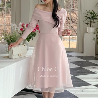 🇰🇷Chloe C. 韓國東大門服飾🇰🇷 正韓單肩一字領反折領口薄紗洋裝.登記結婚.婚禮.典禮宴會