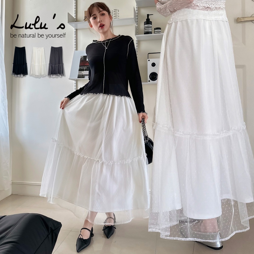 LULUS/溫柔感點點網紗傘擺蛋糕長裙３色【A05250080】裙子 紗裙 層次 250910