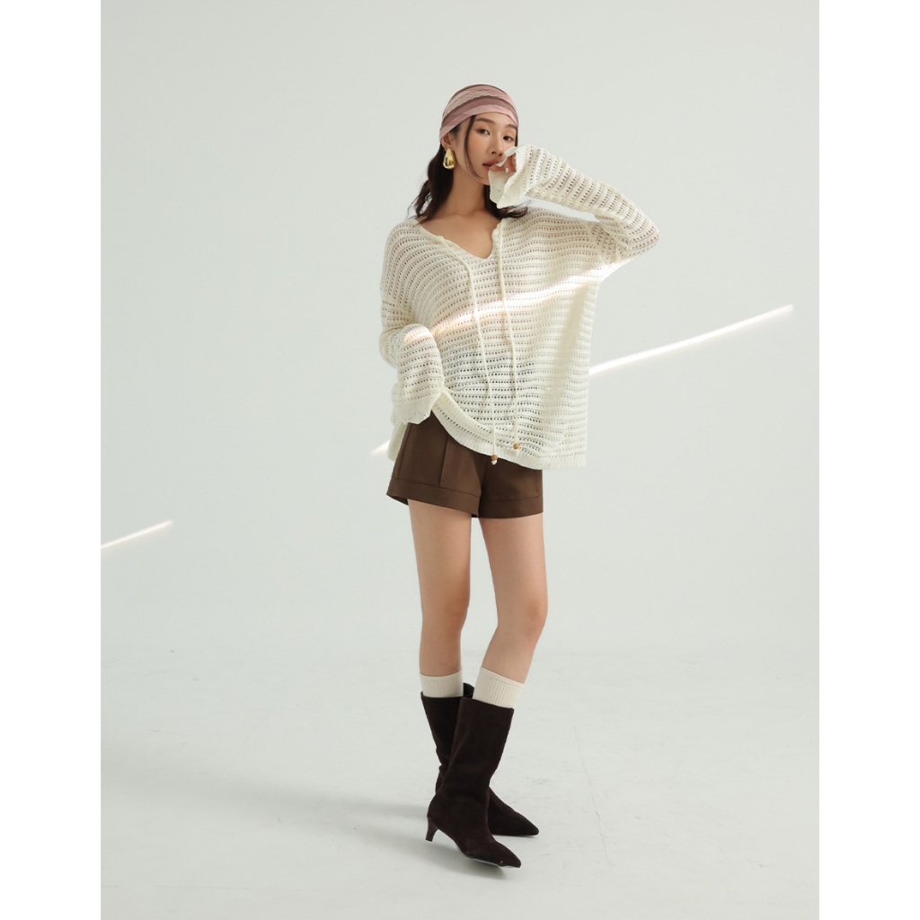 CHIC A SPACE 前後兩穿領口綁帶喇叭袖鏤空針織衫(白/條紋) 女裝 現貨