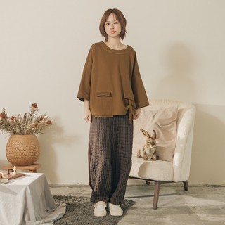 【MOSS CLUB】格子拼接素面開釦縮口長褲(黑 咖)