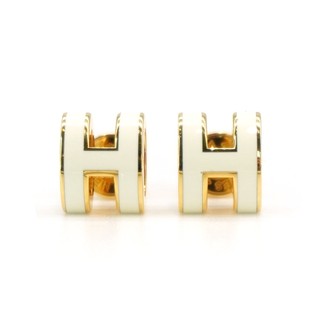 Hermes Pop H 立體簍空橢圓logo耳環-mini(白/金)