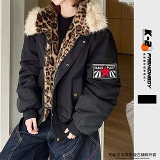 【K-2】cleanfit 美式復古 豹紋拼接 毛毛外套 短寬版外套 boxy外套 MA1 外套 刷毛【JM5036】