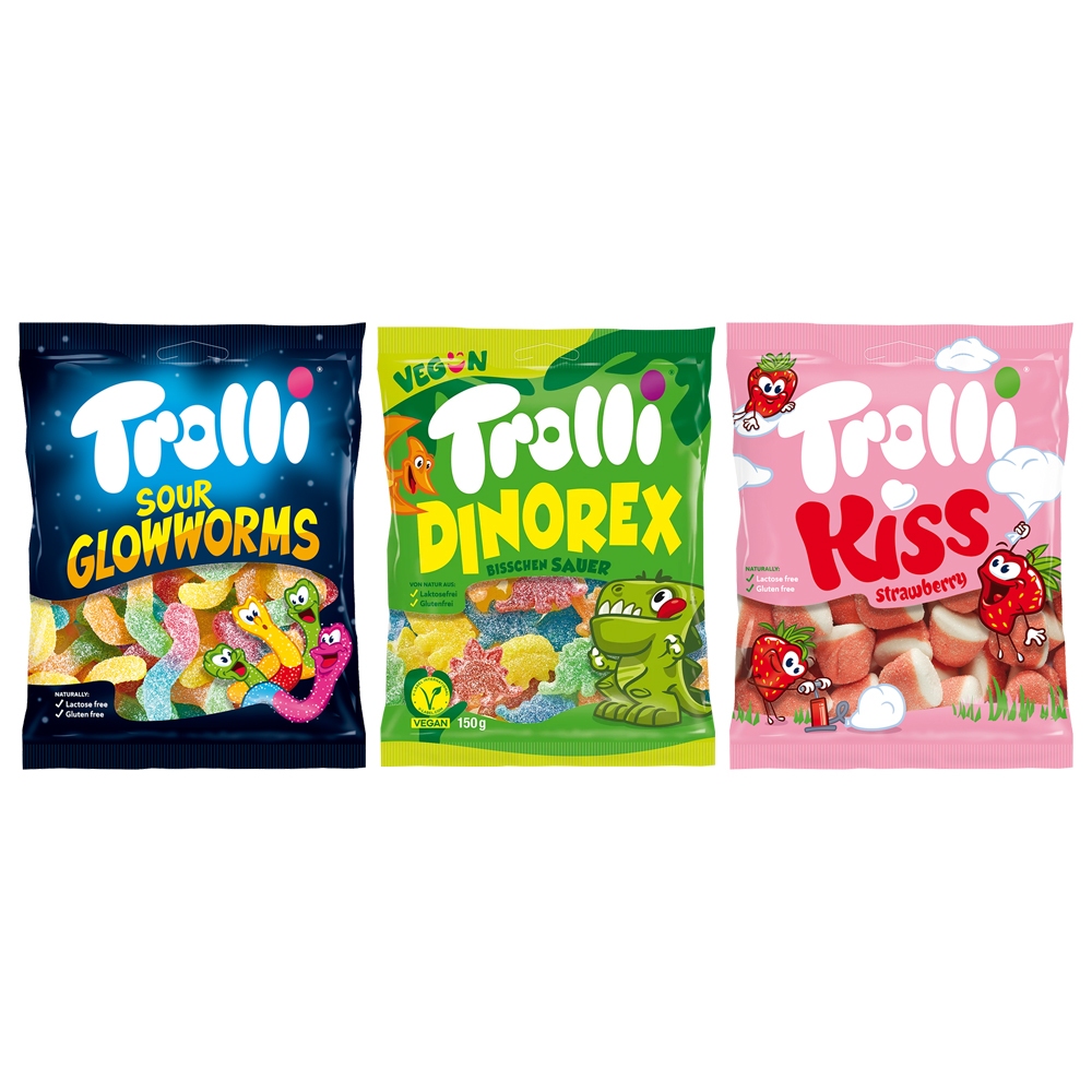 【Trolli 多利】 德國造型酸軟糖-多種口味(kiss草莓、水果恐龍、酸螢火蟲)