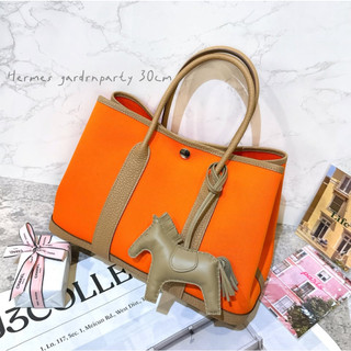 二手旗艦 Hermès 愛馬仕 橘色拼餅乾色 Garden Party 30公分 手提包(中友店)