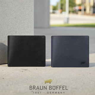 *【寧寧精品】台中35年皮件店 BRAUN BUFFEL 德國小金牛洛非諾系列 黑/藍 BF347-314-1 男短夾區