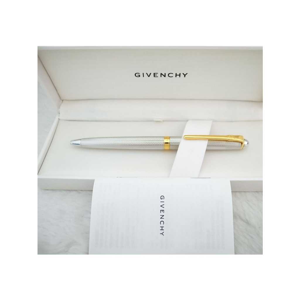 w340-088 法國紀梵希 銀色包金大麥紋 旋轉式高級原子筆（9.5成新精品、原廠盒裝）