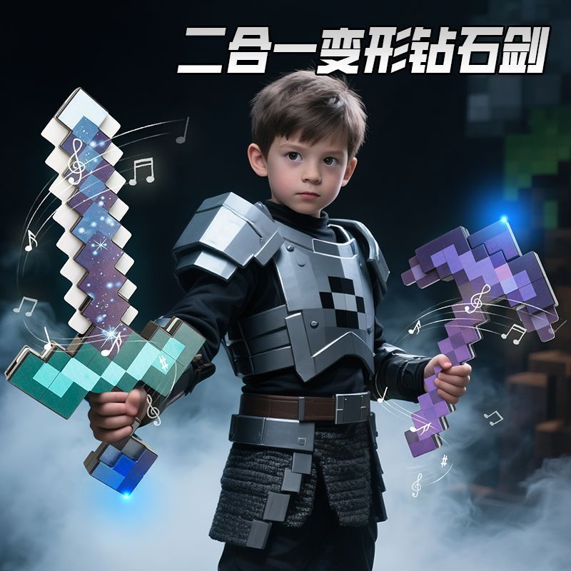 麥塊鑽石劍鎬二合一 2閤1鑽石劍 變形劍 麥塊鑽石劍 麥塊 聲光版附魔弓箭 可髮射火把鎬 麥塊 我的世界 周邊 交換禮物
