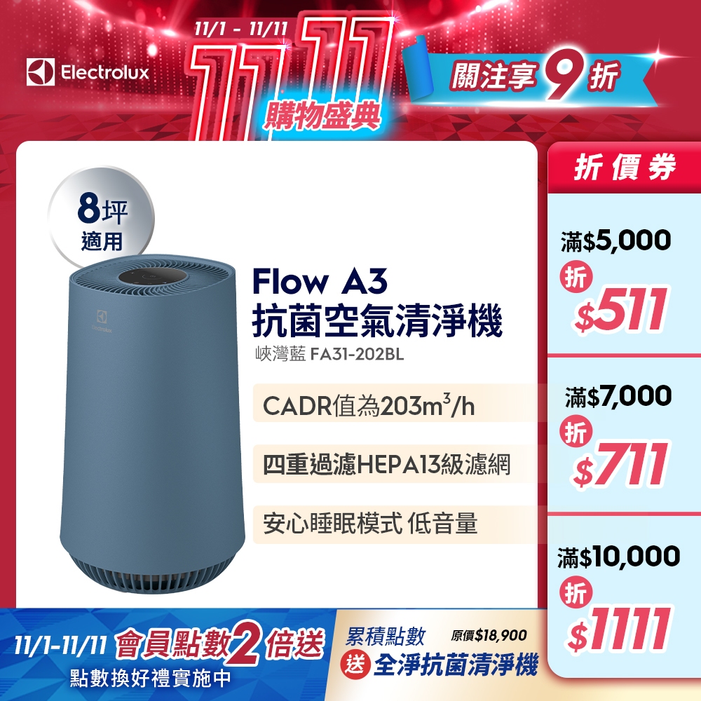Electrolux 伊萊克斯 Flow A3 抗菌空氣清淨機 FA31-202BL (峽灣藍)