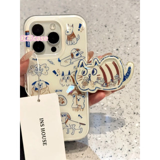 ins可愛藍線條貓咪 搖搖樂支架 手機殼 防摔 適用iPhone17 16 15 14 Pro Max 手機殼 全包硬殼