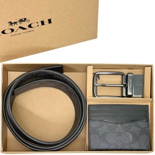 【COACH】男仕最愛黑灰PVC滿版LOGO雙面用寬版皮帶+名片卡夾禮盒