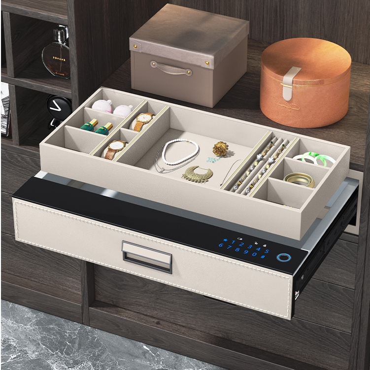 密碼抽屜櫃 抽屜式保險櫃 皮革面板指紋保險箱 家用衣櫃辦公室嵌入式智能隱形全鋼小型防盜首飾盒保險櫃 密碼箱 保險櫃密