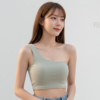 【FEE BABY】高級感斜肩棉bra背心🌸短版上衣 女裝 露肩上衣 無鋼圈內衣 設計感上衣 氣質上衣 斜肩 背心女