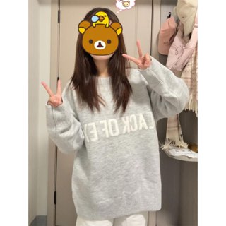 赤道少女 灰色針織毛衣 圓領毛衣女 長袖上衣 ins 風衣服 秋冬 休閒百搭 寬鬆顯瘦 oversize 針織衫