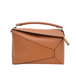 Loewe Large Puzzle 牛皮銀釦手提兩用包(棕)