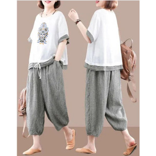 復古民族風服飾|休閑套裝女|夏季套裝|新款大碼寬鬆時尚格子拼接兩件套潮|氣質媽媽套裝|ins潮套裝|高檔兩件套