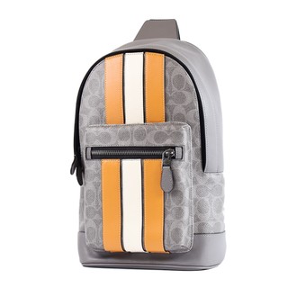 COACH 男款 直紋緹花LOGO防刮皮革單肩背胸包-炭灰【美國正品現貨】