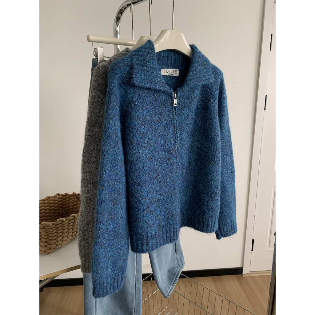 Nancy✨花紗翻領毛衣外套 3%羊毛   寶藍色 / 灰色  雙向拉鍊外套 羊毛外套