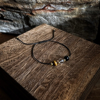 🇿🇦【守護與專注】黑曜石·黃虎眼石·白水晶南美蠟繩手鏈。Shield & Clarity Bracelet.