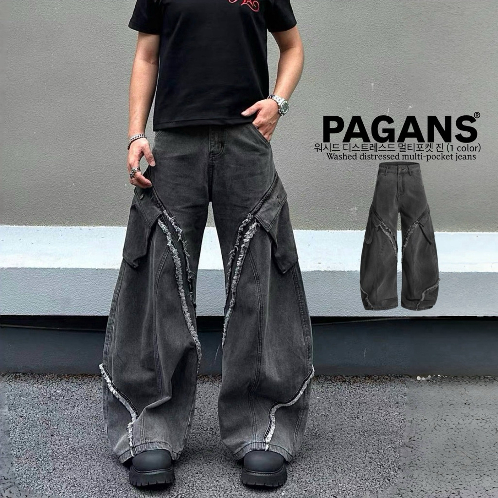 【PAGANS STORE】美式 重工 水洗 多口袋 刷破 解構 車線 裂條 工裝 寬鬆 彎刀褲 牛仔褲 彎刀 牛仔長褲
