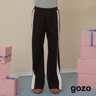 【gozo】➤運動風拼接顯瘦開衩鬆緊腰頭長褲(灰色/黑色 F) | 女裝 修身 休閒