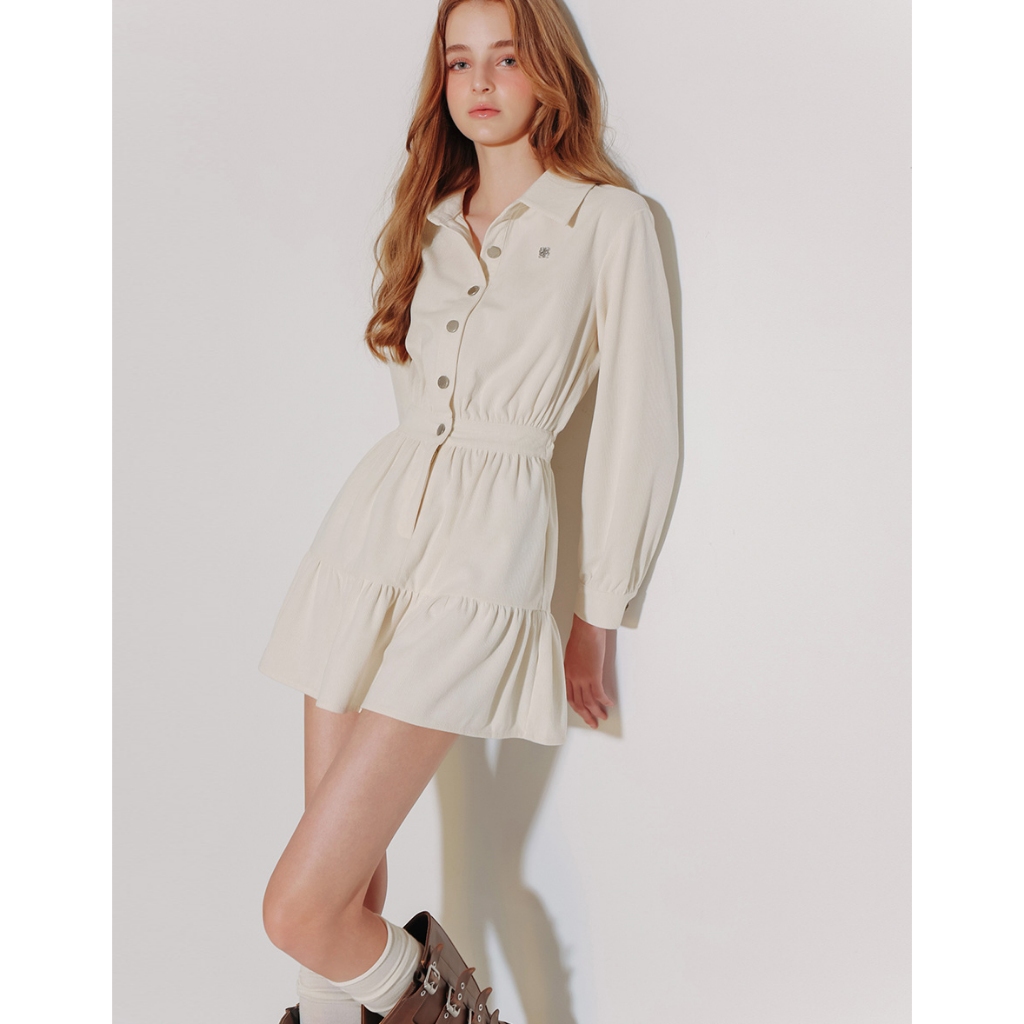 AIR SPACE PLUS 品牌LOGO綴飾壓扣襯衫蛋糕短洋裝(杏/淺藍) 女裝 現貨 大尺碼 中大尺碼