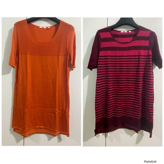 二手 Uniqlo 女 M 70%羊毛混紡 短袖上衣 針織上衣 長版上衣 女裝 秋裝 橘色 紅色 條紋 保暖 舒適 圓領